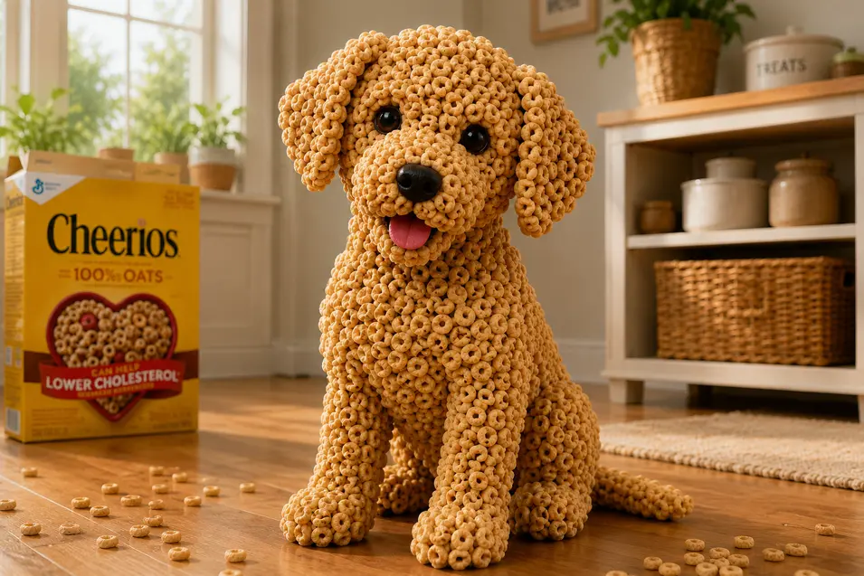 Adorable puppy sculpted entirely from Cheerios sits in a cozy sunlit kitchen beside a cereal box, creating a fun, whimsical scene full of charm.