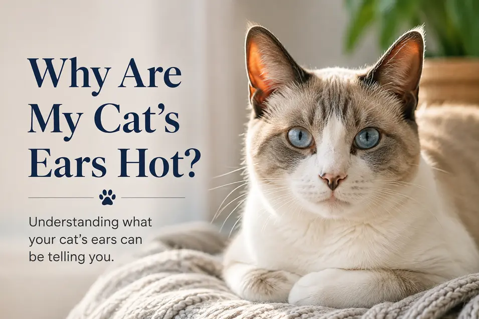 A blue-eyed cat rests in warm sunlight beside text explaining why a cat’s ears may feel hot and what they could be telling you.