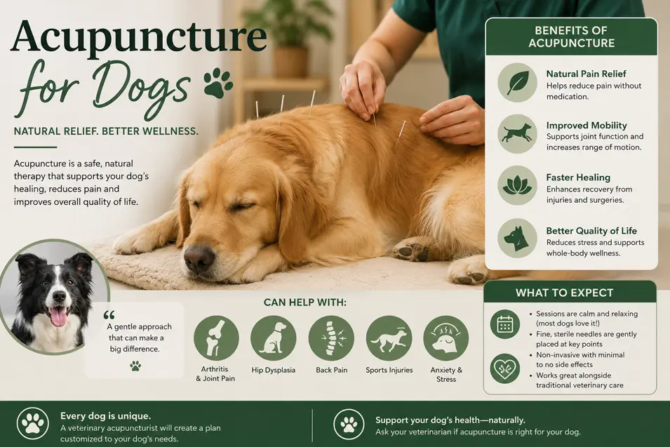 Infographic about acupuncture for dogs, highlighting its benefits, common conditions treated, what to expect during treatment and holistic wellness.
