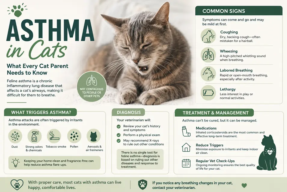 Infographic explaining asthma in cats, including symptoms, triggers, diagnosis and treatment, with a photo of a wheezing cat and easy-to-read medical icons.