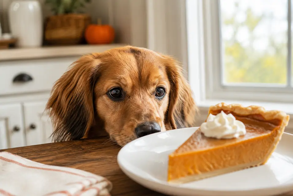 A curious dachshund gazes longingly at a slice of pumpkin pie topped with whipped cream on a table, highlighting holiday foods that aren't safe for dogs.
