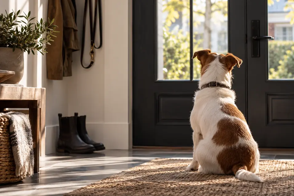 A dog waits patiently by the front door, watching outside for someone to come home in a warm, sunlit entryway.