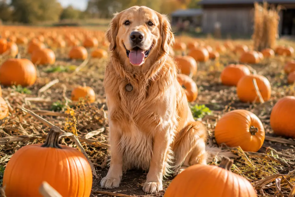 A happy Golden Retriever sits in a pumpkin patch on a sunny autumn day, surrounded by bright orange pumpkins on a picturesque family farm.