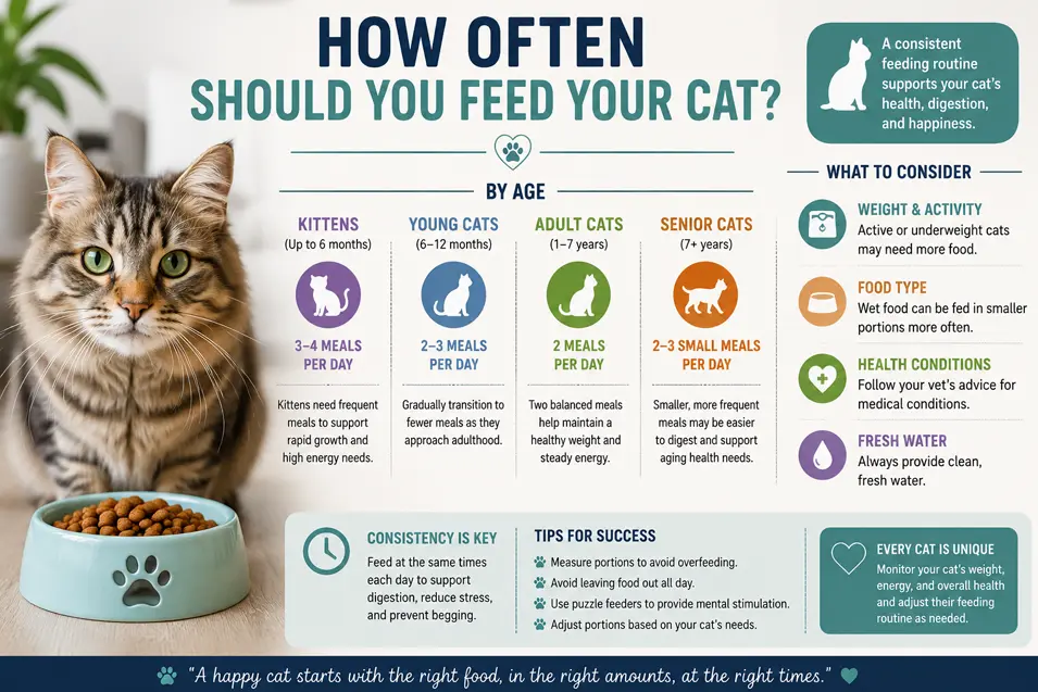 Infographic showing how often to feed your cat by age, with feeding schedules, nutrition tips, fresh water reminders, and a healthy cat beside its food bowl.
