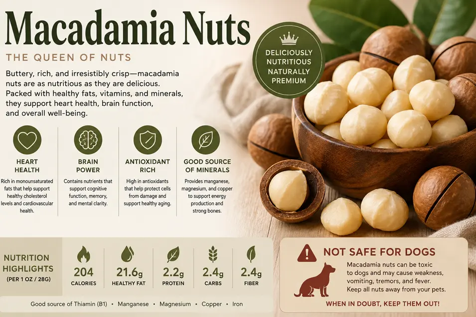 Macadamia nuts infographic highlighting nutrition, heart-healthy fats, antioxidants, minerals, and a warning that macadamia nuts are toxic to dogs.