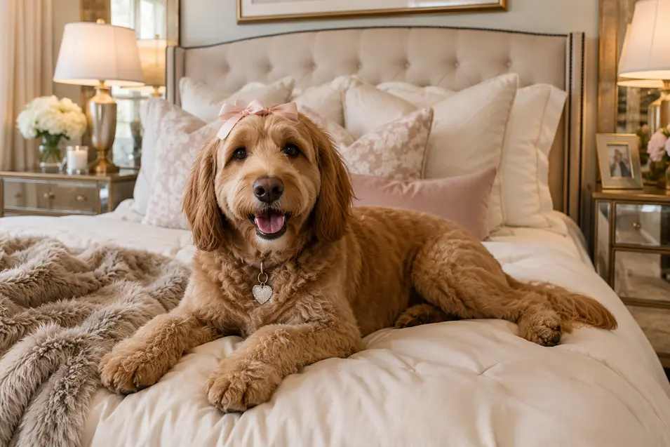 Female dog with a pink bow and heart-shaped collar tag lying comfortably on a luxurious bed in an elegant, high-end bedroom. The room features a tufted upholstered headboard, plush bedding, decorative pillows, mirrored nightstands, fresh flowers, and warm ambient lighting, creating a cozy and sophisticated atmosphere.