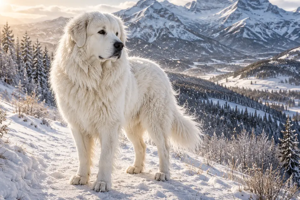 A magnificent Great Pyrenees standing on a snowy Alberta-style foothills trail, mountains in the distance, blowing snow and gorgeous winter light.