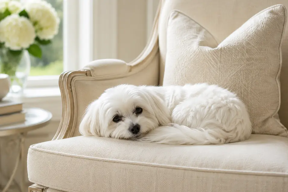 A small Maltese curled on a sophisticated cream linen chair beside a window, beautiful natural light, quiet high-end home photography.