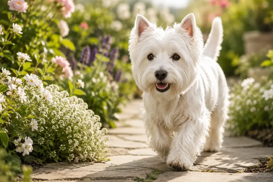 A beautifully groomed West Highland White Terrier walking through a flower garden in soft morning light. Bright, cheerful, natural rather than posed.