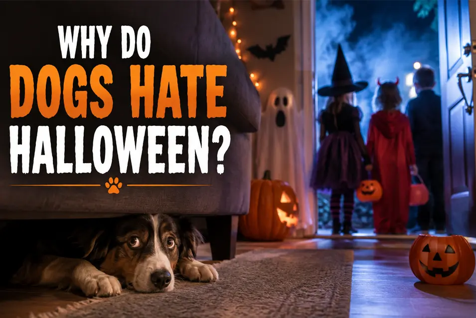 A nervous dog hides beneath a chair as costumed trick-or-treaters arrive at the door amid glowing pumpkins and spooky Halloween decorations.