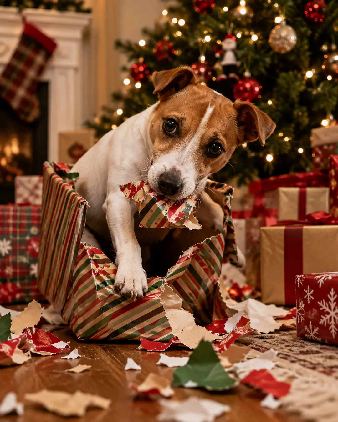 A playful Jack Russell Terrier tears into a Christmas present, surrounded by shredded wrapping paper, gifts, and a glowing holiday tree.