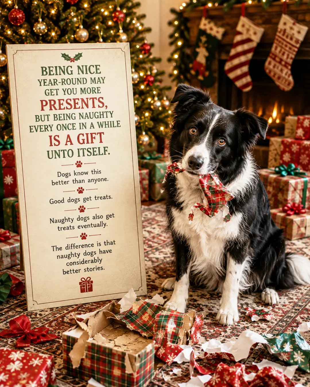 A mischievous Border Collie sits amid shredded Christmas wrapping, proving that being a little naughty can make the best holiday stories.