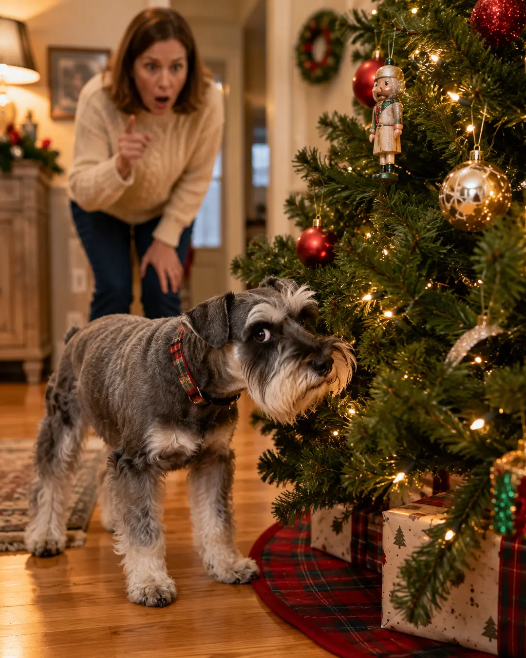 A curious Schnauzer eyes the Christmas tree ornaments while a surprised woman catches the mischievous pup in the act.