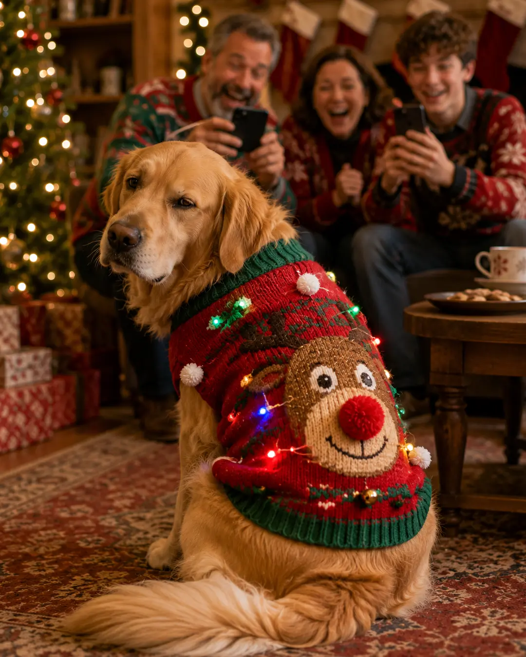 A grumpy Golden Retriever models a light-up Christmas sweater while its amused family laughs and snaps photos.