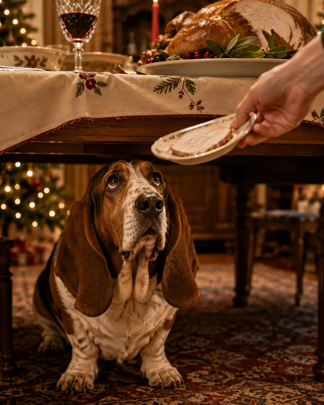 A hopeful Basset Hound waits beneath the Christmas dinner table as a hand offers a tempting slice of holiday turkey.