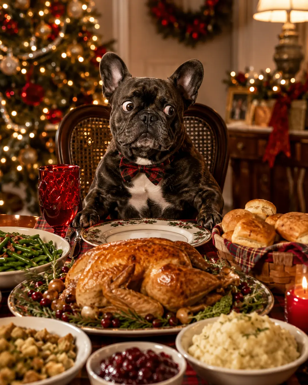 A French Bulldog sits eagerly at a festive Christmas dinner table, surrounded by turkey, holiday sides, twinkling lights, and decorations.