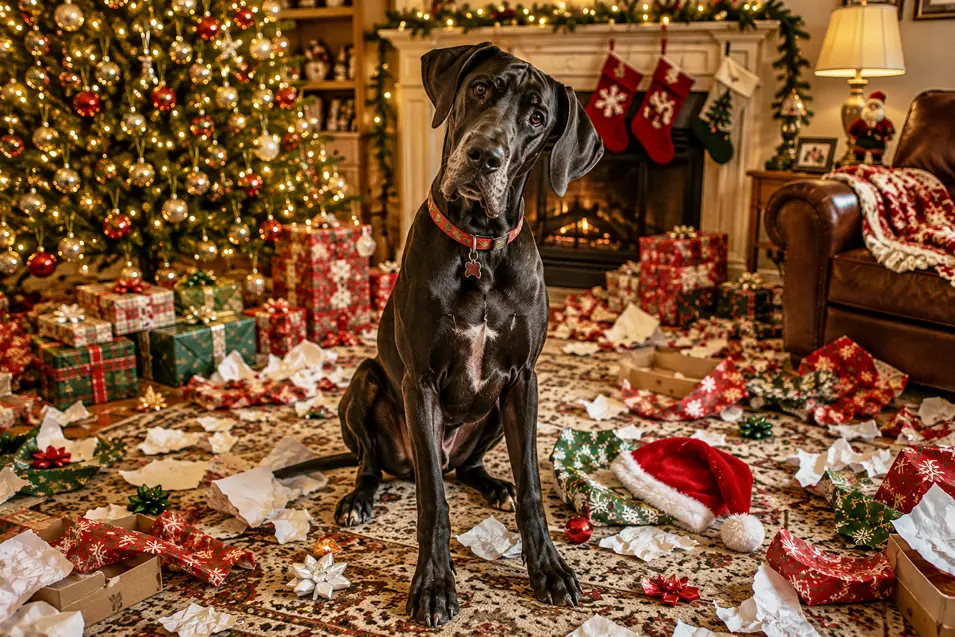 A puzzled Great Dane sits amid the joyful aftermath of Christmas morning, surrounded by torn wrapping paper, opened gifts, and a discarded Santa hat.