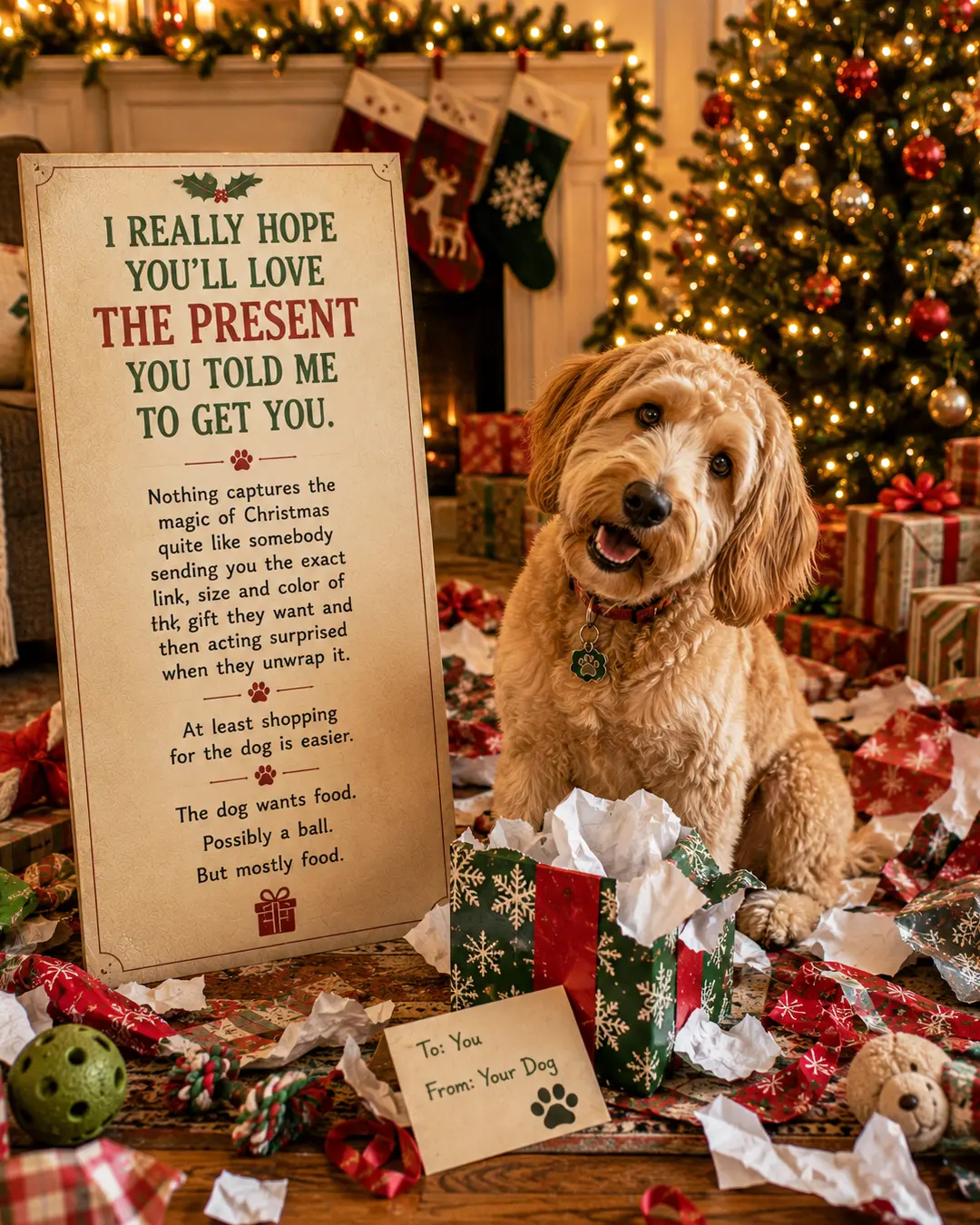 A cheerful dog sits amid Christmas wrapping and gifts beside a humorous reminder that holiday shopping is easier when all your dog wants is food.