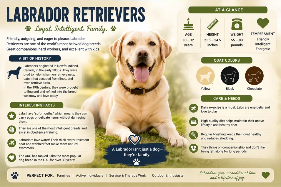Labrador Retriever infographic covering lifespan, height, weight, history, coat colors, temperament, care needs and interesting breed facts.