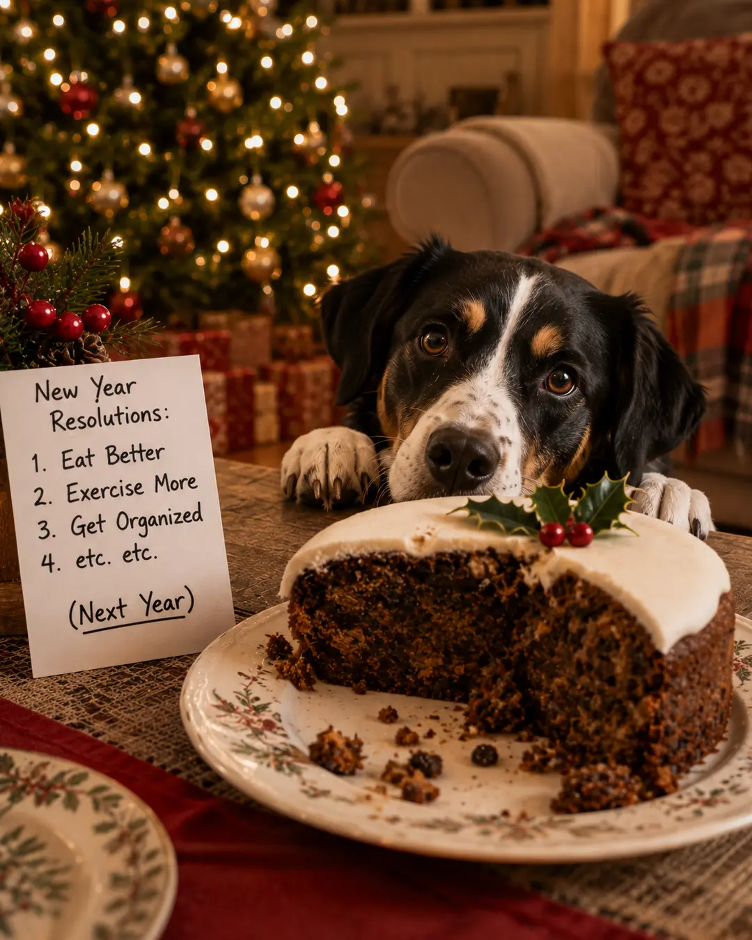A mischievous dog eyes a half-eaten Christmas cake beside a New Year’s resolution list promising healthier habits—next year.