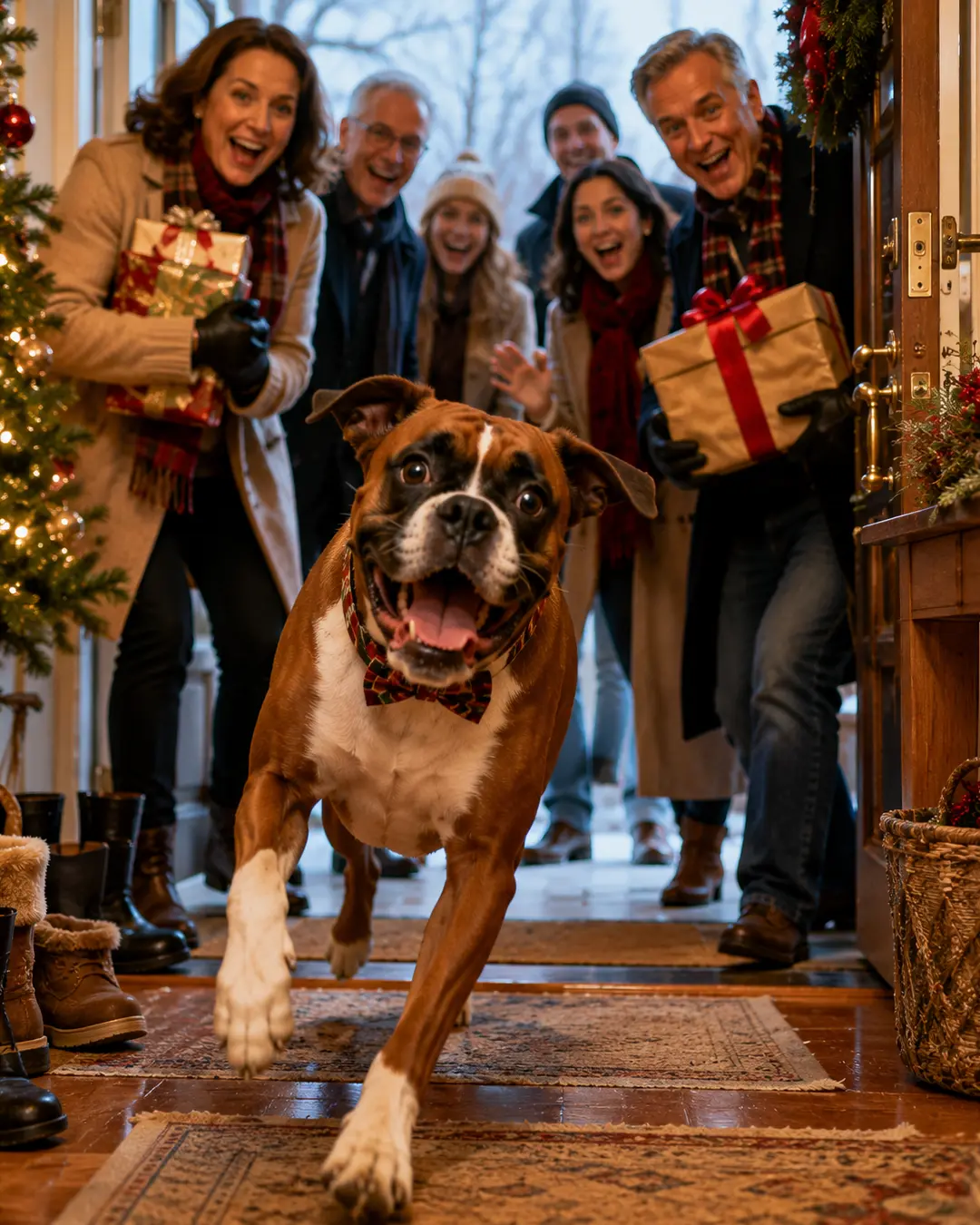 A joyful Boxer races inside to greet arriving holiday guests carrying Christmas gifts at a warmly decorated family home.