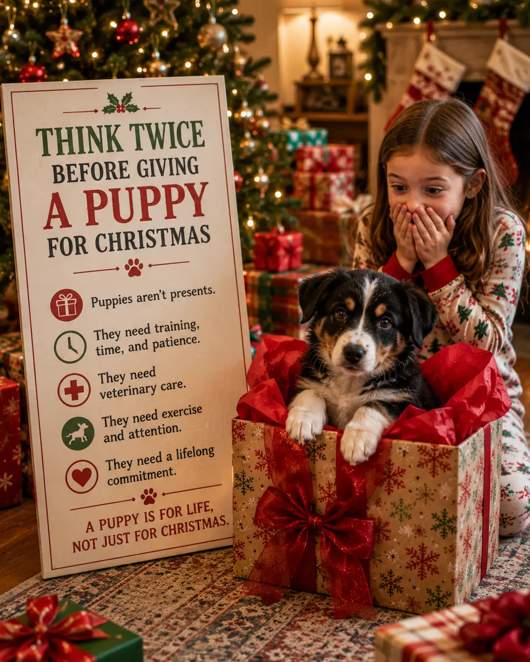 A delighted girl discovers a puppy under the Christmas tree beside a reminder that pets require care, patience, and lifelong commitment.