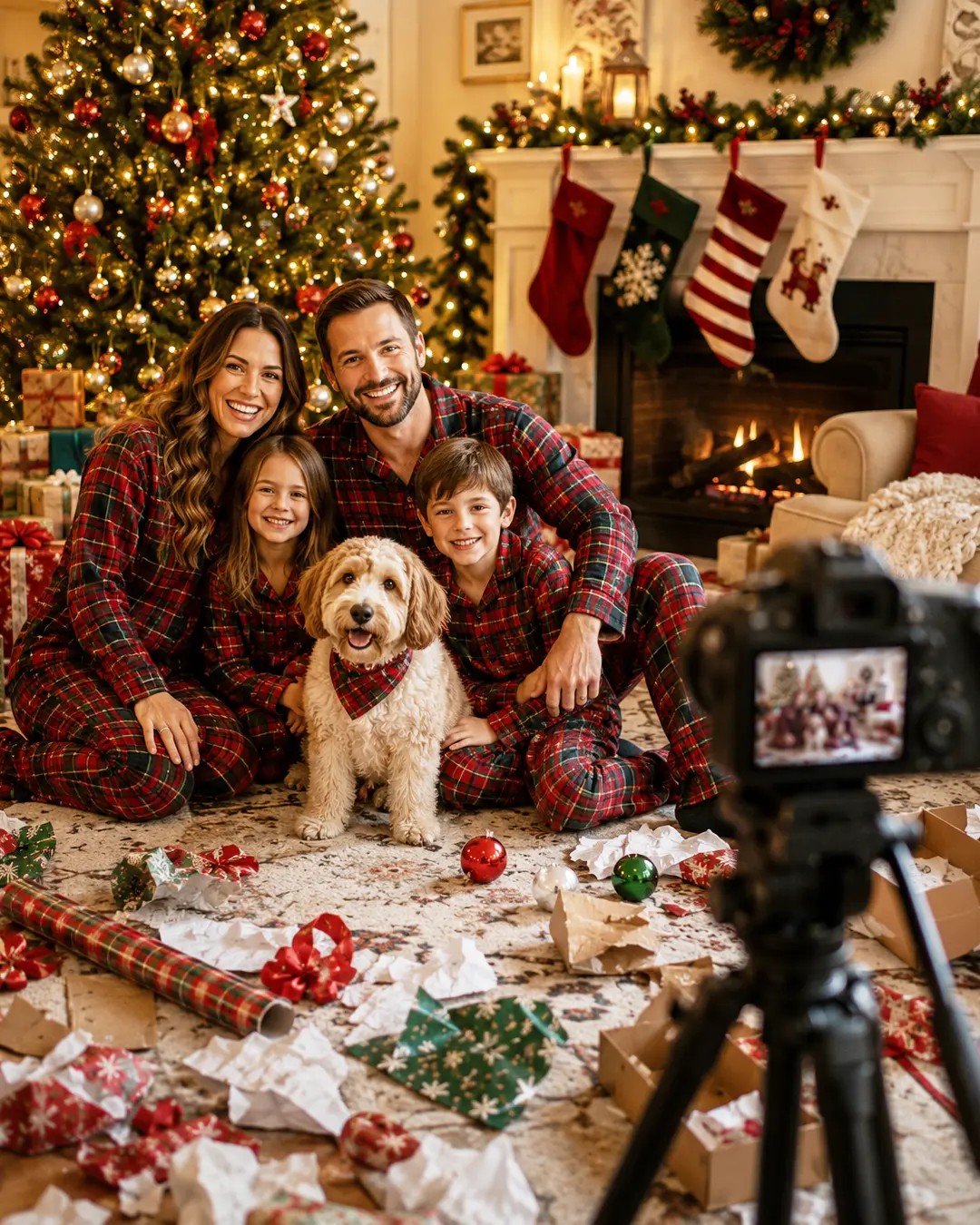 A family in matching Christmas pajamas poses with their dog for a festive holiday photo amid the cheerful chaos of opened presents.