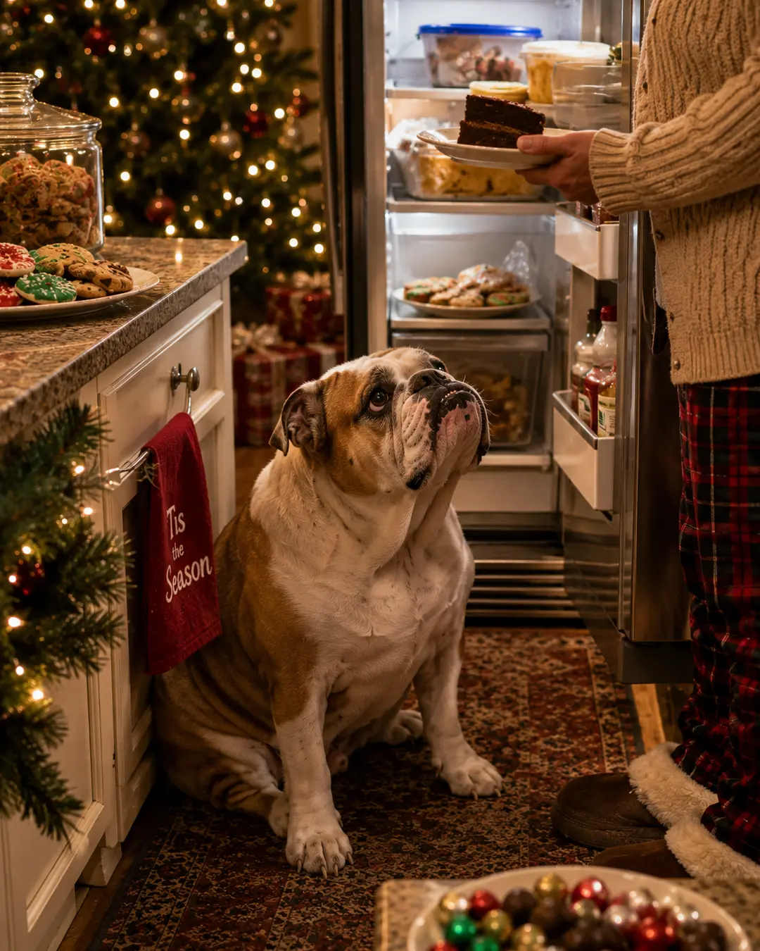 A hopeful Bulldog gazes up at a slice of chocolate cake while its owner raids a refrigerator packed with Christmas leftovers.