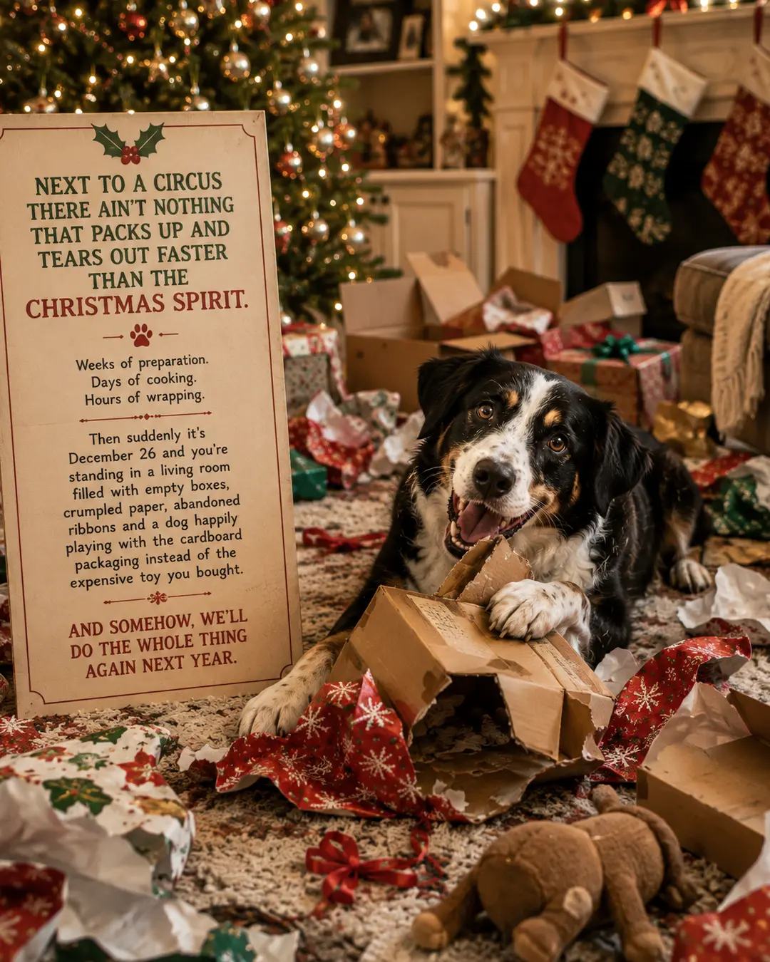A playful dog tears into a cardboard box amid the cheerful Christmas morning aftermath of wrapping paper, empty packages, and discarded toys.