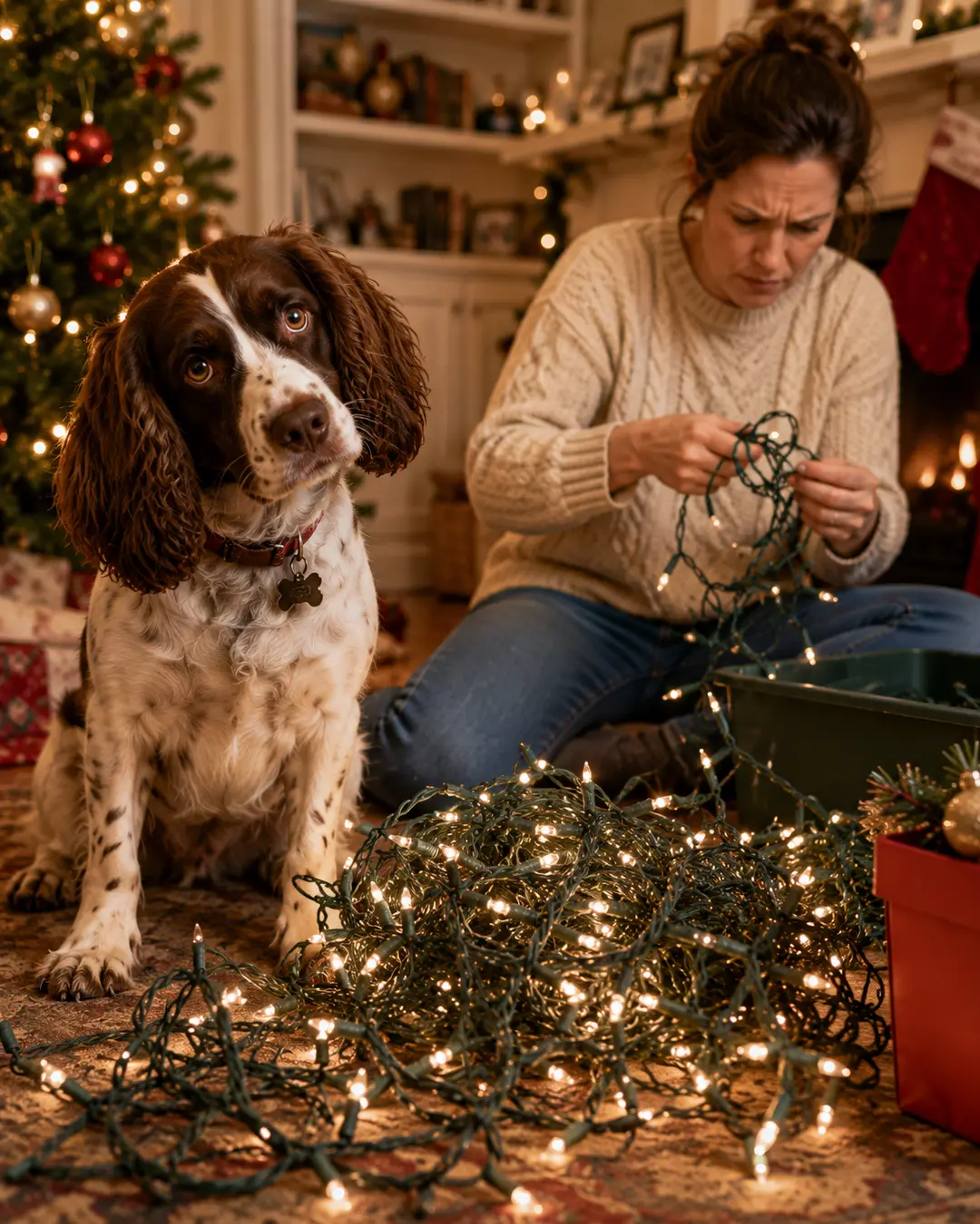 A curious Springer Spaniel watches as a woman struggles to untangle a glowing mess of Christmas lights beside the tree.