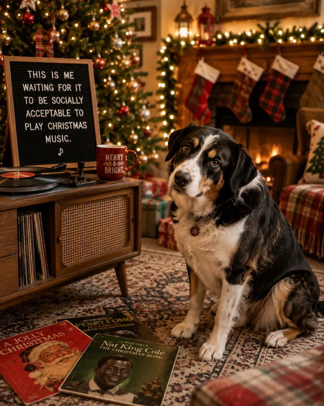 A festive dog patiently waits for Christmas music season beside a record player, holiday albums, a glowing tree, and a cozy fireplace.