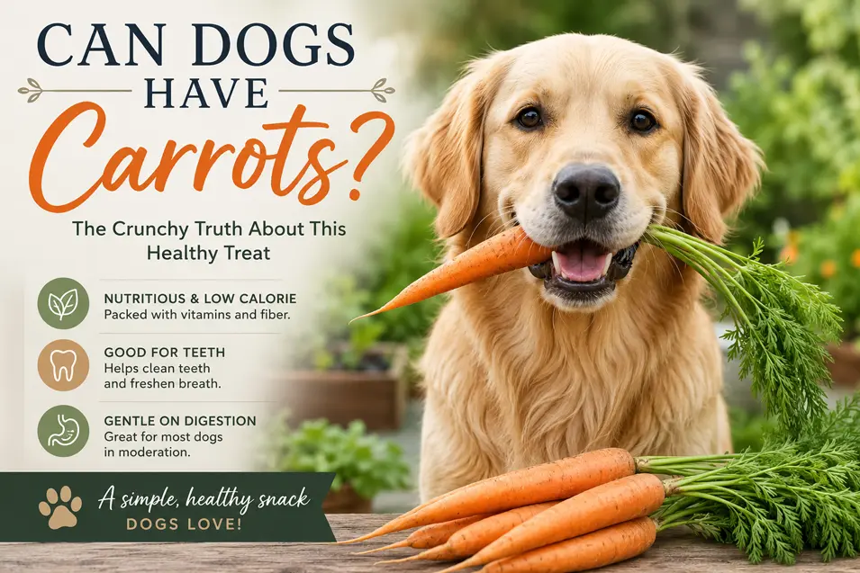 Golden retriever happily holds a fresh carrot in a lush garden beside a colorful infographic explaining the health benefits of carrots as a healthy dog treat.