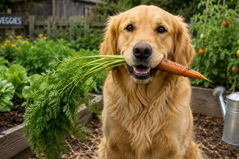 Golden Retriever holding a freshly picked carrot in its mouth while sitting in a lush vegetable garden with raised beds and a watering can.