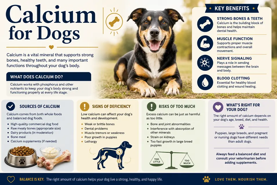 Calcium for dogs infographic explaining benefits, deficiency signs, calcium sources, excess risks, and safe intake for healthy bones, muscles, nerves, and teeth.