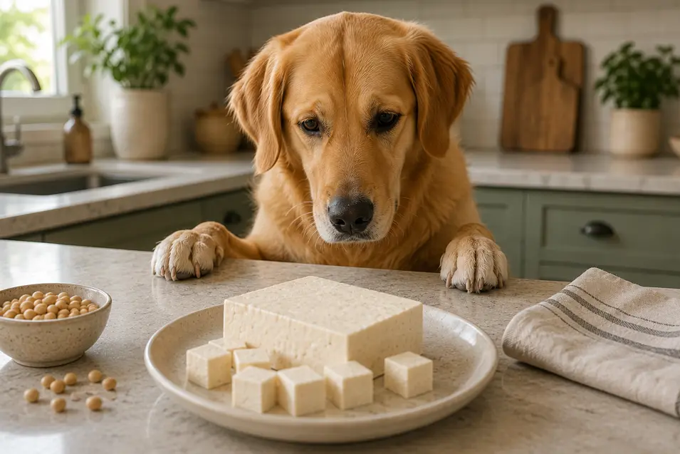 A curious dog peers over a kitchen counter at a plate of fresh tofu cubes, with soybeans nearby.