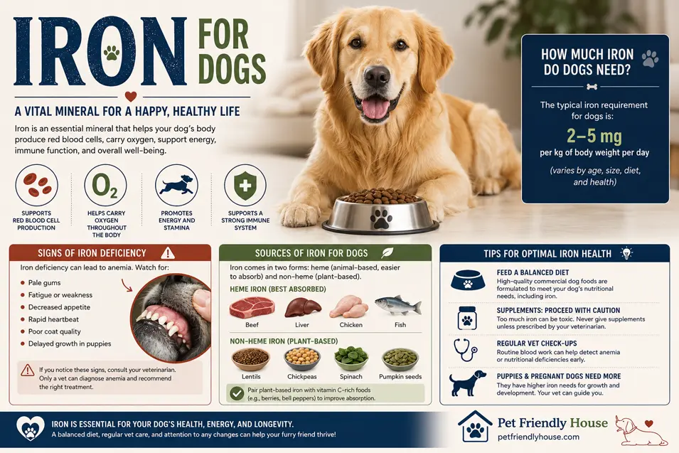 Infographic explaining iron for dogs, including daily iron needs, deficiency signs, food sources, health tips, and the benefits of a balanced diet.