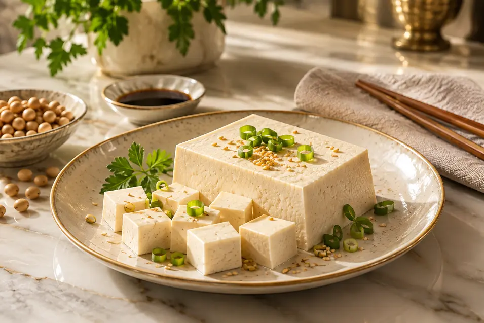 Elegant tofu cubes on a ceramic plate with soybeans, herbs, sesame seeds, dipping sauce, and chopsticks on a marble table.