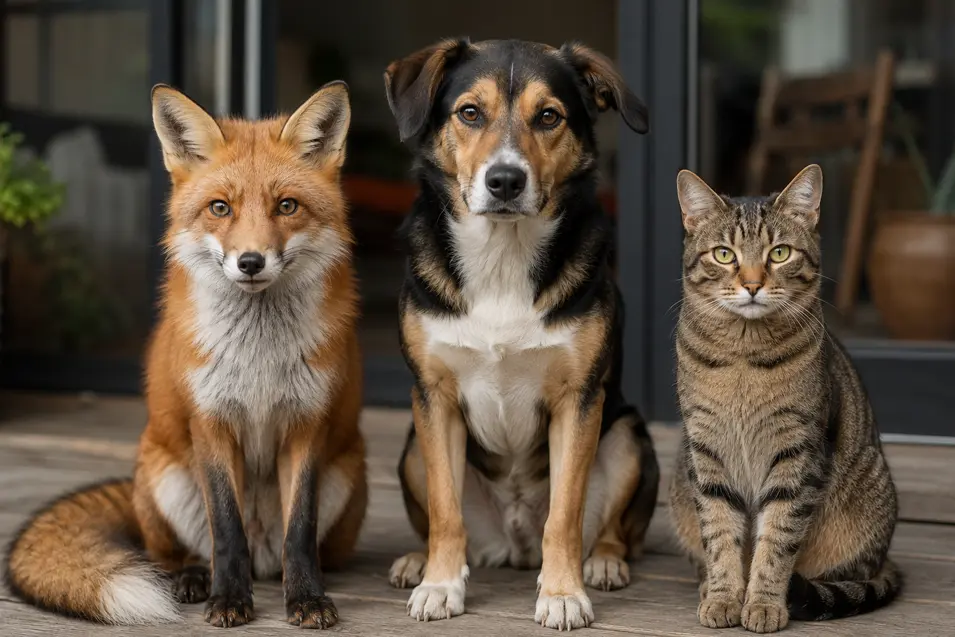 Red fox, mixed breed dog, and tabby cat sitting side by side, all looking at the camera in soft natural light with a gently blurred background.