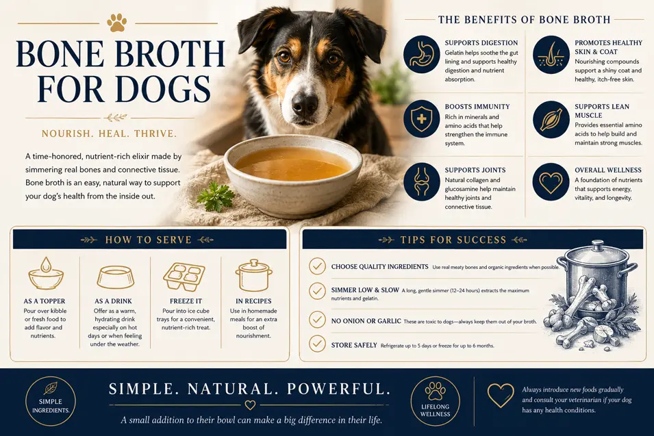 A premium guide to bone broth for dogs, covering key health benefits, serving ideas, preparation tips, and important safety advice.