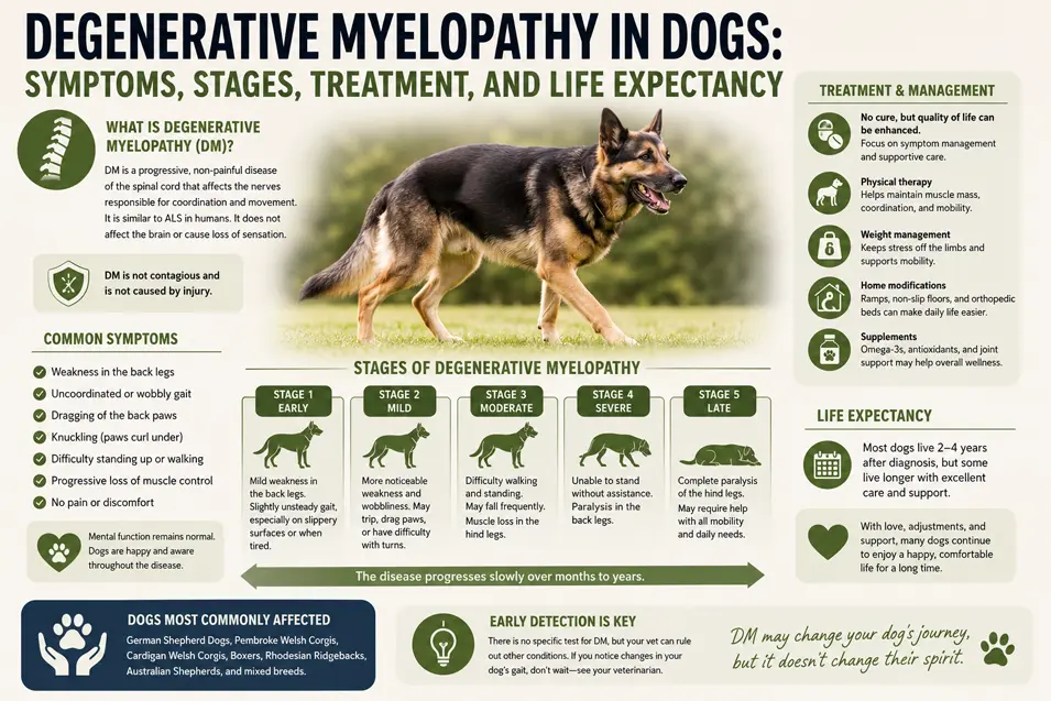 Learn the symptoms, stages, treatment options, and life expectancy of dogs with degenerative myelopathy in this easy-to-understand veterinary infographic.