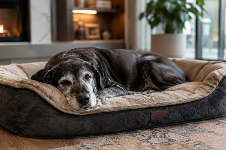 Senior dog resting in a plush orthopedic dog bed in an elegant living room with warm lighting and a fireplace.