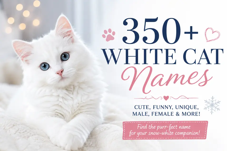 Adorable white kitten promoting 350+ white cat names, including cute, funny, unique, male, female, and winter-inspired ideas for every personality.