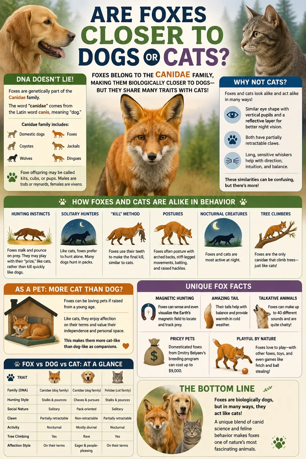 Infographic comparing foxes, dogs, and cats, showing foxes are genetically canines but share many feline traits in behavior, hunting, and anatomy.