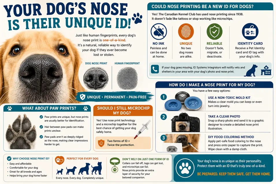 Dog nose print infographic showing how a dog's unique nose pattern can be used for identification, compared with microchips, tags, and paw prints.