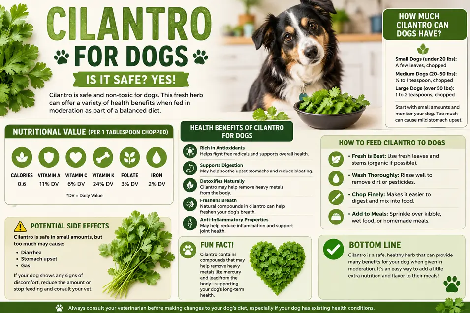 Infographic explaining whether cilantro is safe for dogs, its nutritional benefits, feeding tips, serving sizes, possible side effects, and overall safety.