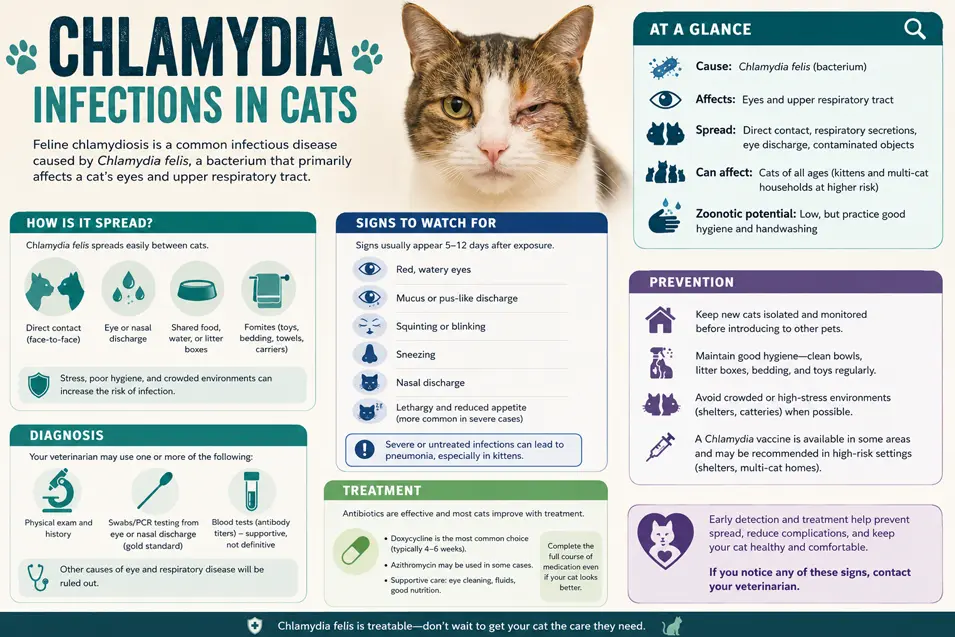 Infographic explaining chlamydia infections in cats, including symptoms, spread, diagnosis, treatment, prevention, and a photo of a cat with an infected eye.