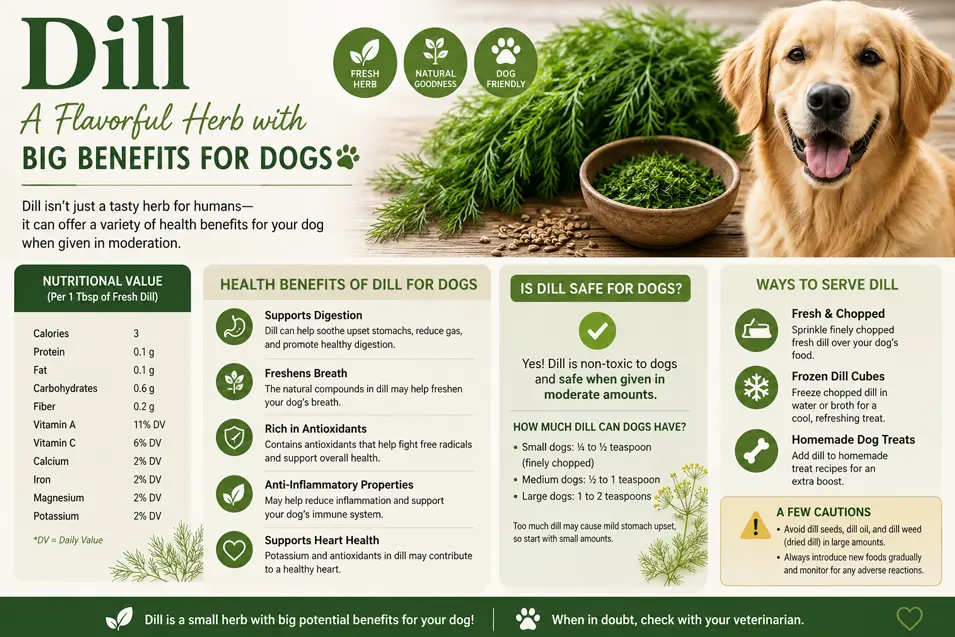 A helpful infographic explaining dill’s nutritional value, health benefits, safe serving sizes and precautions for dogs.