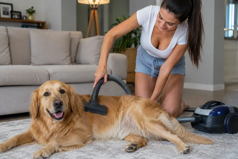 Golden retriever lying comfortably on a soft rug while a woman uses a vacuum attachment to groom its fur in a bright, modern living room.