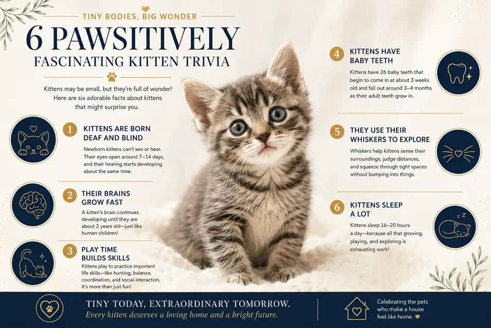 Elegant kitten trivia infographic featuring six fascinating facts about kitten development, senses, play, sleep, teeth, and whiskers.