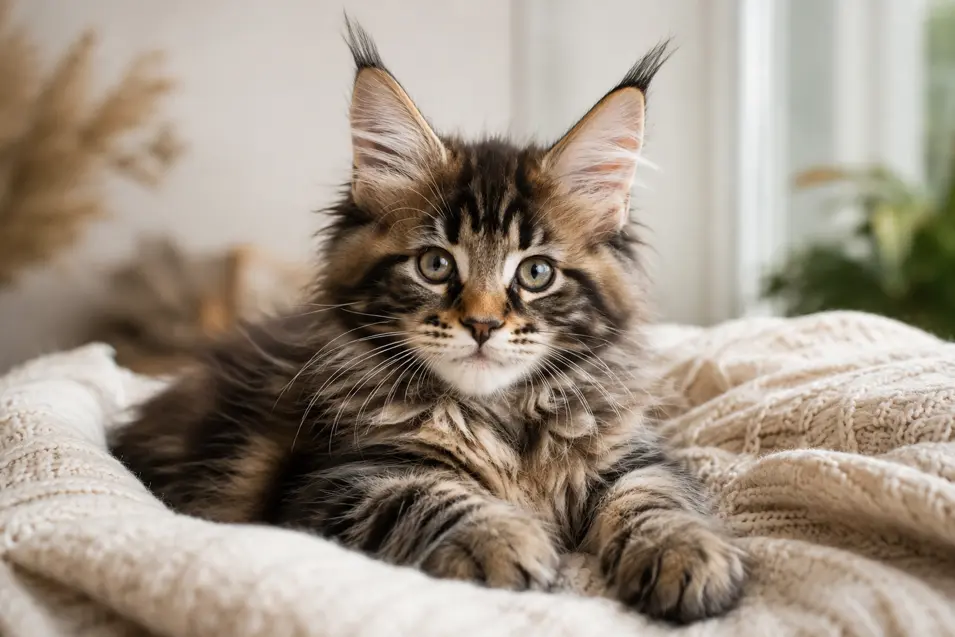 Fluffy Maine Coon kitten relaxing on a cozy cream blanket in a softly lit, warm and inviting home.